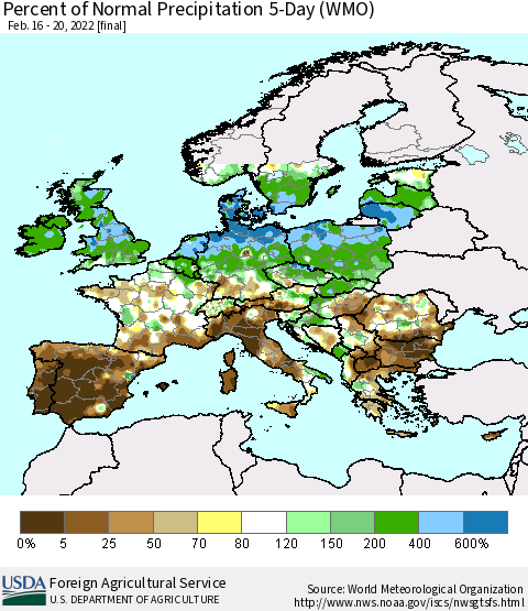 Europe Percent of Normal Precipitation 5-Day (WMO) Thematic Map For 2/16/2022 - 2/20/2022