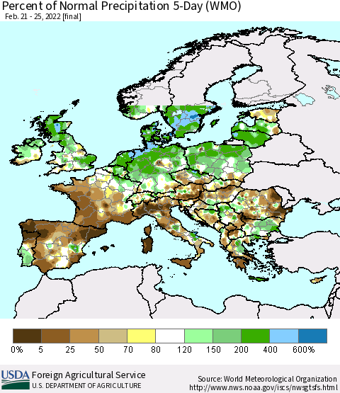 Europe Percent of Normal Precipitation 5-Day (WMO) Thematic Map For 2/21/2022 - 2/25/2022