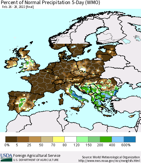 Europe Percent of Normal Precipitation 5-Day (WMO) Thematic Map For 2/26/2022 - 2/28/2022