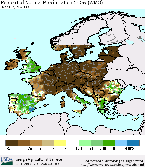Europe Percent of Normal Precipitation 5-Day (WMO) Thematic Map For 3/1/2022 - 3/5/2022