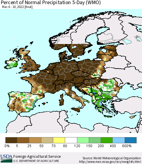 Europe Percent of Normal Precipitation 5-Day (WMO) Thematic Map For 3/6/2022 - 3/10/2022