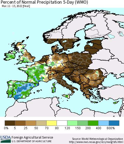 Europe Percent of Normal Precipitation 5-Day (WMO) Thematic Map For 3/11/2022 - 3/15/2022
