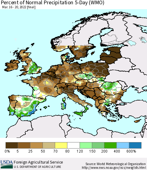 Europe Percent of Normal Precipitation 5-Day (WMO) Thematic Map For 3/16/2022 - 3/20/2022