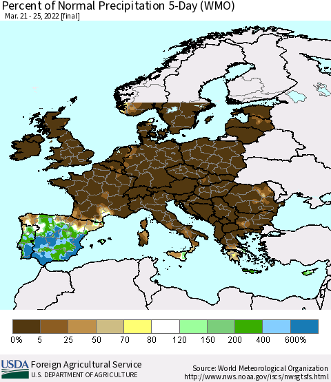 Europe Percent of Normal Precipitation 5-Day (WMO) Thematic Map For 3/21/2022 - 3/25/2022
