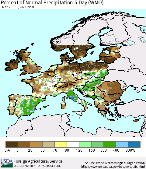 Europe Percent of Normal Precipitation 5-Day (WMO) Thematic Map For 3/26/2022 - 3/31/2022