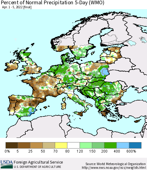 Europe Percent of Normal Precipitation 5-Day (WMO) Thematic Map For 4/1/2022 - 4/5/2022