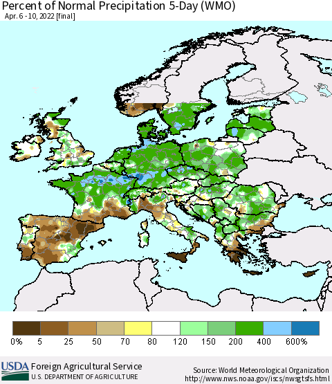 Europe Percent of Normal Precipitation 5-Day (WMO) Thematic Map For 4/6/2022 - 4/10/2022