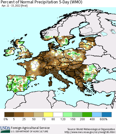 Europe Percent of Normal Precipitation 5-Day (WMO) Thematic Map For 4/11/2022 - 4/15/2022