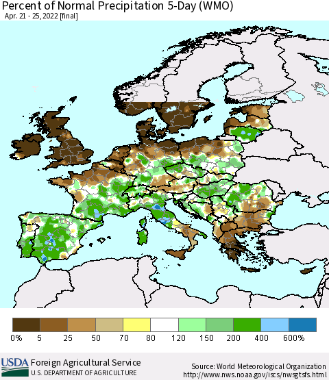 Europe Percent of Normal Precipitation 5-Day (WMO) Thematic Map For 4/21/2022 - 4/25/2022