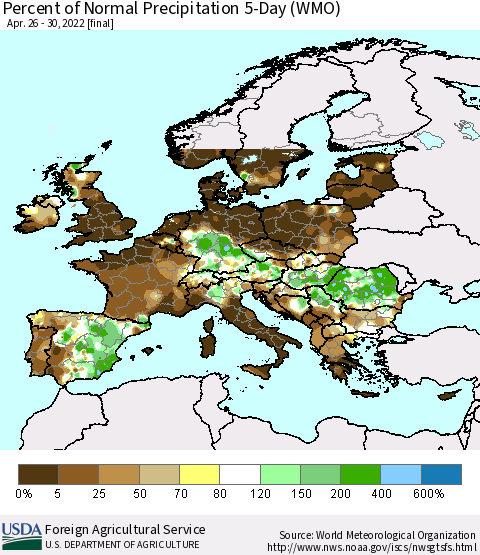 Europe Percent of Normal Precipitation 5-Day (WMO) Thematic Map For 4/26/2022 - 4/30/2022