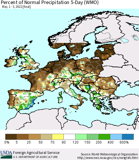 Europe Percent of Normal Precipitation 5-Day (WMO) Thematic Map For 5/1/2022 - 5/5/2022