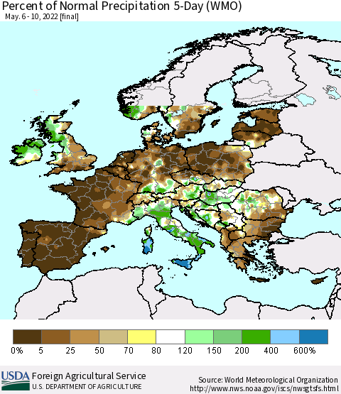 Europe Percent of Normal Precipitation 5-Day (WMO) Thematic Map For 5/6/2022 - 5/10/2022