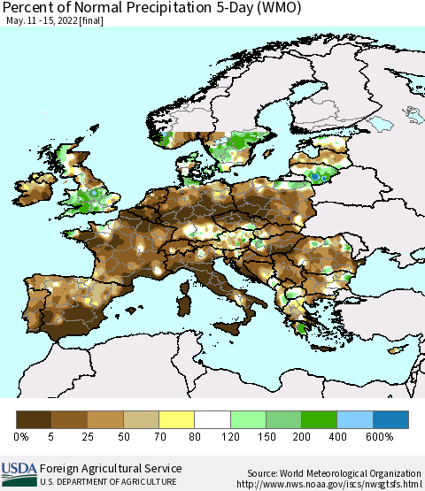 Europe Percent of Normal Precipitation 5-Day (WMO) Thematic Map For 5/11/2022 - 5/15/2022