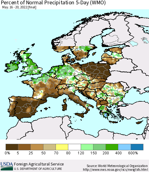 Europe Percent of Normal Precipitation 5-Day (WMO) Thematic Map For 5/16/2022 - 5/20/2022