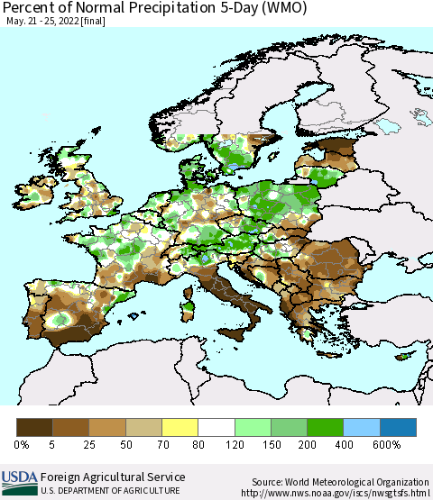 Europe Percent of Normal Precipitation 5-Day (WMO) Thematic Map For 5/21/2022 - 5/25/2022