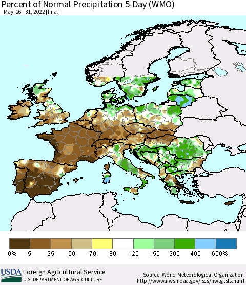 Europe Percent of Normal Precipitation 5-Day (WMO) Thematic Map For 5/26/2022 - 5/31/2022