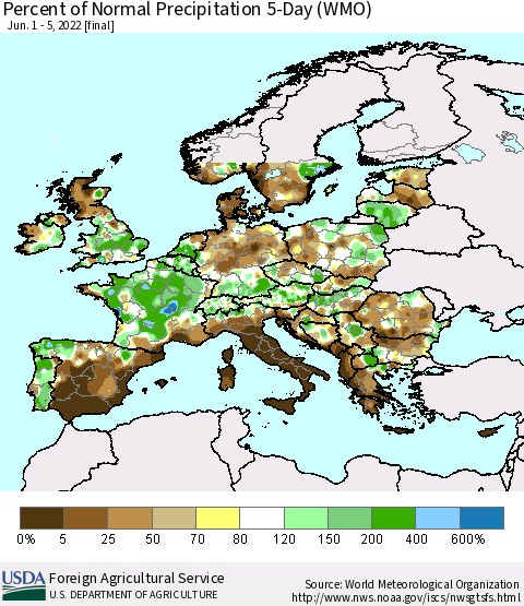 Europe Percent of Normal Precipitation 5-Day (WMO) Thematic Map For 6/1/2022 - 6/5/2022