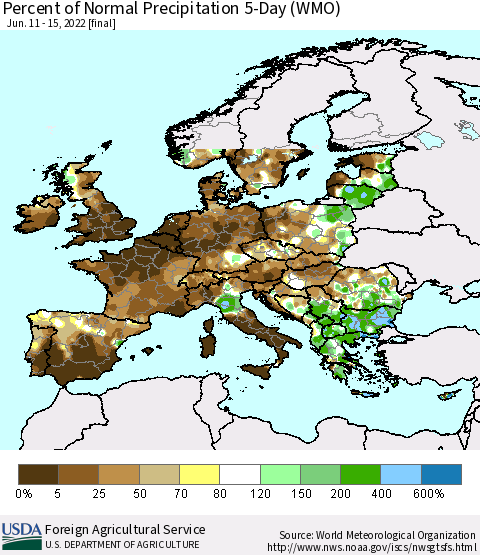 Europe Percent of Normal Precipitation 5-Day (WMO) Thematic Map For 6/11/2022 - 6/15/2022