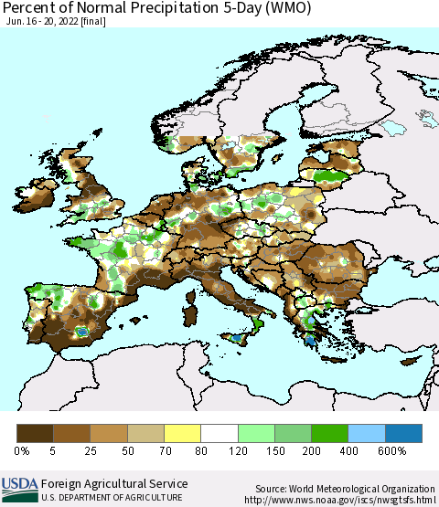 Europe Percent of Normal Precipitation 5-Day (WMO) Thematic Map For 6/16/2022 - 6/20/2022