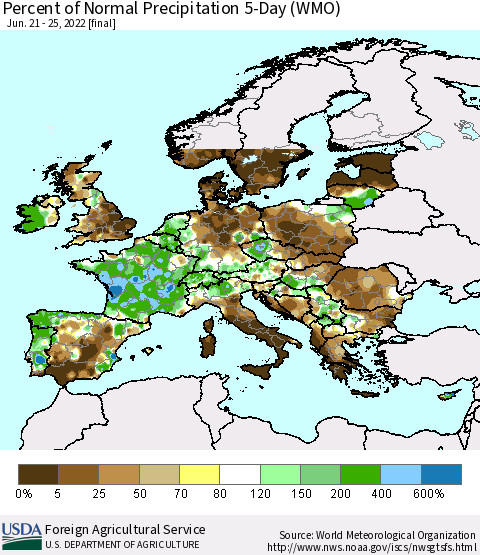 Europe Percent of Normal Precipitation 5-Day (WMO) Thematic Map For 6/21/2022 - 6/25/2022