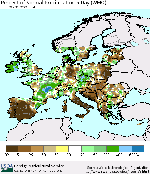 Europe Percent of Normal Precipitation 5-Day (WMO) Thematic Map For 6/26/2022 - 6/30/2022