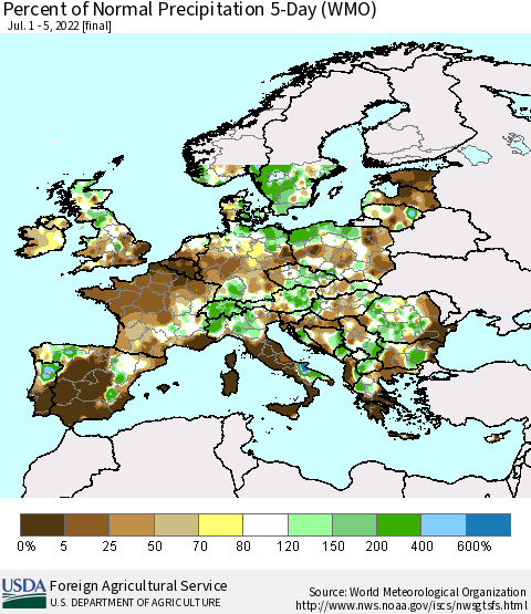Europe Percent of Normal Precipitation 5-Day (WMO) Thematic Map For 7/1/2022 - 7/5/2022