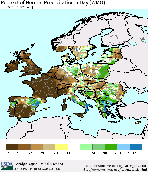 Europe Percent of Normal Precipitation 5-Day (WMO) Thematic Map For 7/6/2022 - 7/10/2022