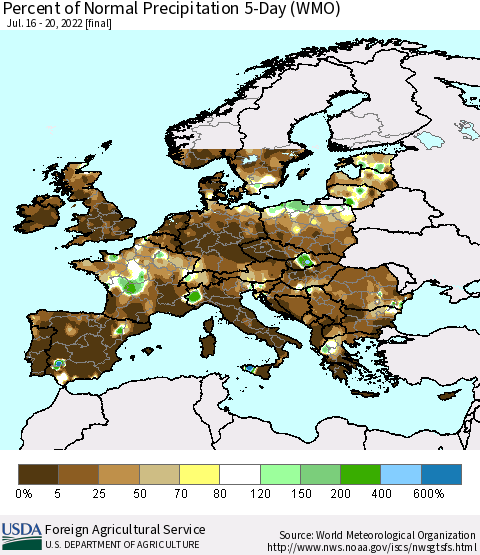 Europe Percent of Normal Precipitation 5-Day (WMO) Thematic Map For 7/16/2022 - 7/20/2022