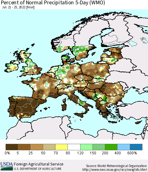 Europe Percent of Normal Precipitation 5-Day (WMO) Thematic Map For 7/21/2022 - 7/25/2022