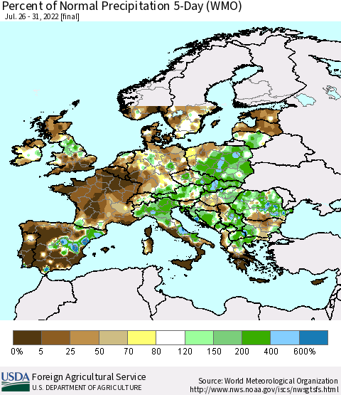 Europe Percent of Normal Precipitation 5-Day (WMO) Thematic Map For 7/26/2022 - 7/31/2022