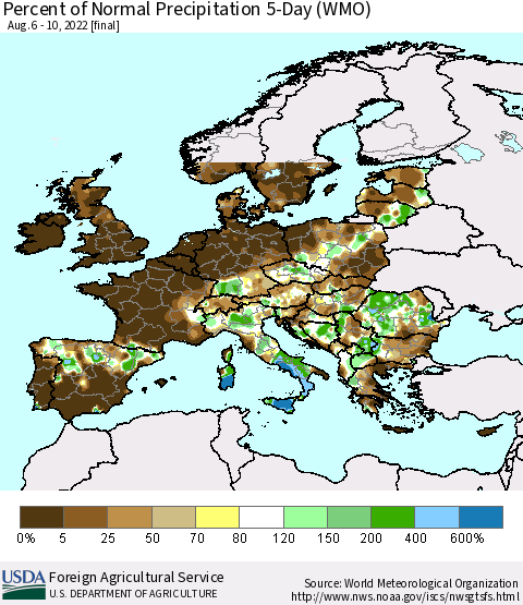 Europe Percent of Normal Precipitation 5-Day (WMO) Thematic Map For 8/6/2022 - 8/10/2022