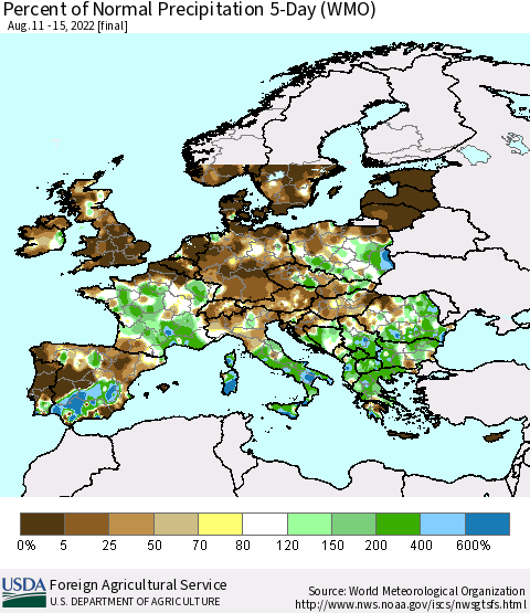 Europe Percent of Normal Precipitation 5-Day (WMO) Thematic Map For 8/11/2022 - 8/15/2022