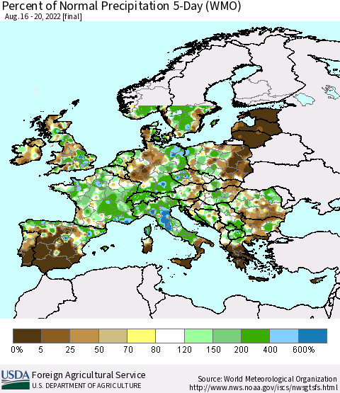 Europe Percent of Normal Precipitation 5-Day (WMO) Thematic Map For 8/16/2022 - 8/20/2022