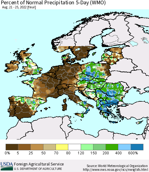 Europe Percent of Normal Precipitation 5-Day (WMO) Thematic Map For 8/21/2022 - 8/25/2022