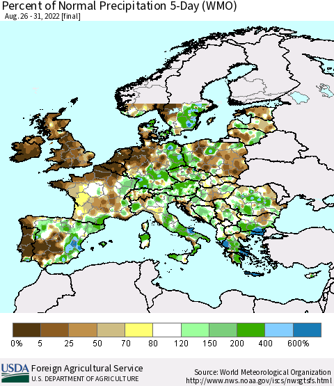 Europe Percent of Normal Precipitation 5-Day (WMO) Thematic Map For 8/26/2022 - 8/31/2022