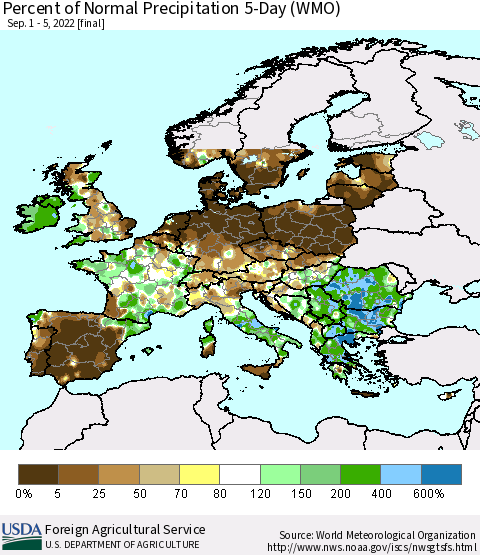 Europe Percent of Normal Precipitation 5-Day (WMO) Thematic Map For 9/1/2022 - 9/5/2022