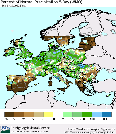 Europe Percent of Normal Precipitation 5-Day (WMO) Thematic Map For 9/6/2022 - 9/10/2022