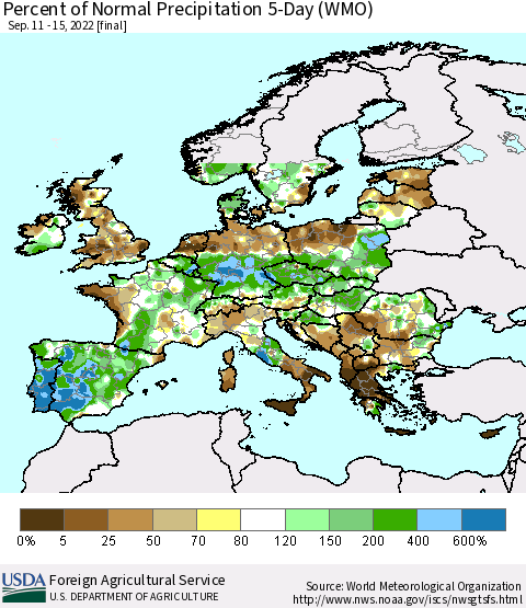 Europe Percent of Normal Precipitation 5-Day (WMO) Thematic Map For 9/11/2022 - 9/15/2022