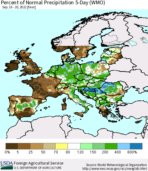 Europe Percent of Normal Precipitation 5-Day (WMO) Thematic Map For 9/16/2022 - 9/20/2022