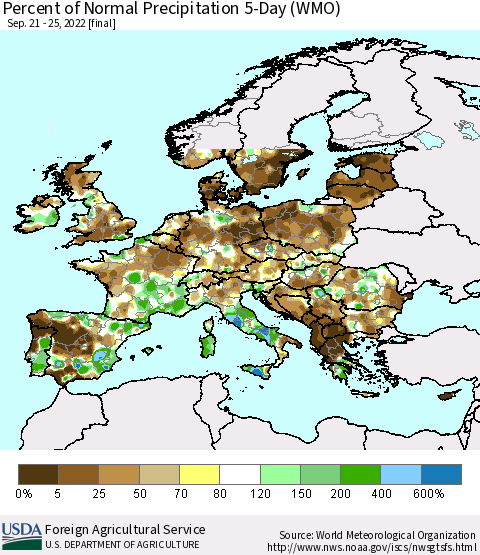 Europe Percent of Normal Precipitation 5-Day (WMO) Thematic Map For 9/21/2022 - 9/25/2022