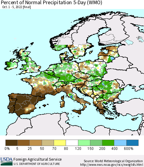 Europe Percent of Normal Precipitation 5-Day (WMO) Thematic Map For 10/1/2022 - 10/5/2022