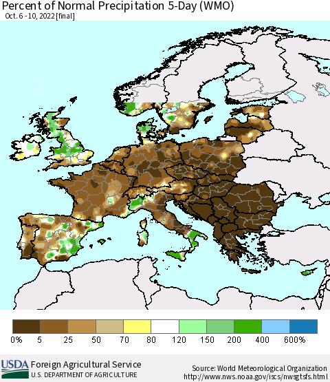 Europe Percent of Normal Precipitation 5-Day (WMO) Thematic Map For 10/6/2022 - 10/10/2022