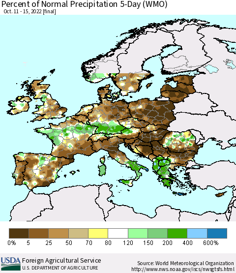 Europe Percent of Normal Precipitation 5-Day (WMO) Thematic Map For 10/11/2022 - 10/15/2022