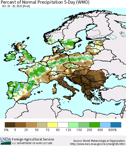 Europe Percent of Normal Precipitation 5-Day (WMO) Thematic Map For 10/16/2022 - 10/20/2022