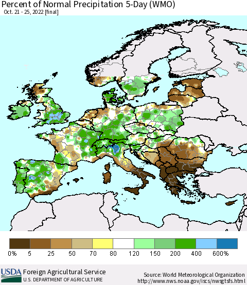 Europe Percent of Normal Precipitation 5-Day (WMO) Thematic Map For 10/21/2022 - 10/25/2022