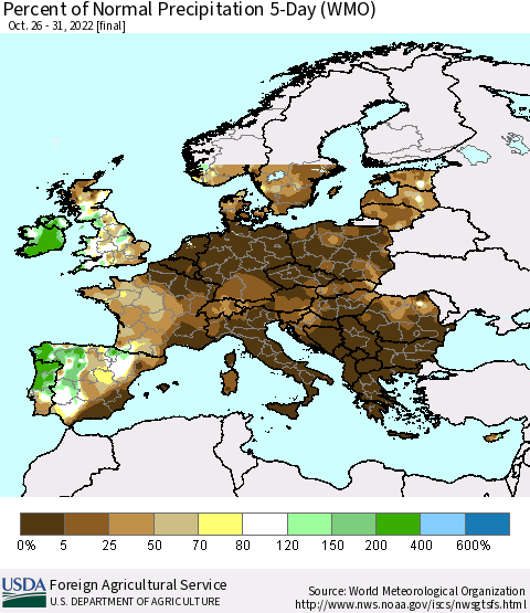 Europe Percent of Normal Precipitation 5-Day (WMO) Thematic Map For 10/26/2022 - 10/31/2022