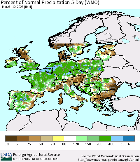 Europe Percent of Normal Precipitation 5-Day (WMO) Thematic Map For 3/6/2023 - 3/10/2023