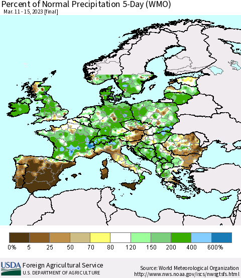 Europe Percent of Normal Precipitation 5-Day (WMO) Thematic Map For 3/11/2023 - 3/15/2023