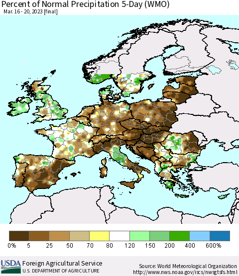 Europe Percent of Normal Precipitation 5-Day (WMO) Thematic Map For 3/16/2023 - 3/20/2023
