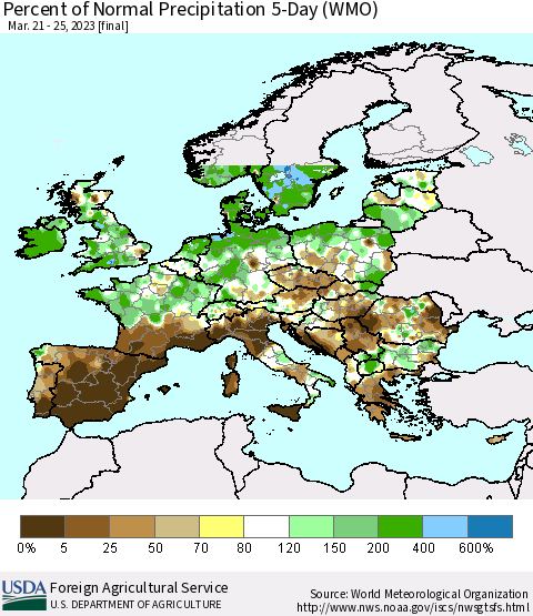 Europe Percent of Normal Precipitation 5-Day (WMO) Thematic Map For 3/21/2023 - 3/25/2023